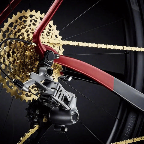 Gold 6 To 12 Speed Bike Chain For Road And Mountain Bikes High Strength Forged Steel Anti Rust shown on a bicycle drivetrain