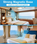 Keep Your Cabin Vibe Fresh With This Magnetic Cruise Fan 12000 Mah Battery 3 Speed Settings Ceiling And Wall Mount Built In Power Bank For Zero Hassle Travel And Sweet Airflow Chill Black attached to cabin ceiling, providing airflow.