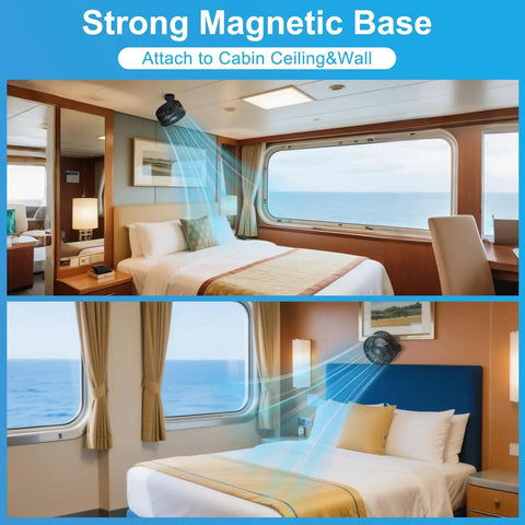 Keep Your Cabin Vibe Fresh With This Magnetic Cruise Fan 12000 Mah Battery 3 Speed Settings Ceiling And Wall Mount Built In Power Bank For Zero Hassle Travel And Sweet Airflow Chill Black attached to cabin ceiling, providing airflow.