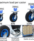 Commercial Grade Heavy Duty Swivel Caster Wheels With Strong Lock Brakes And Silent Pneumatic Air Filled Tires For Rolling Heavy Loads Like A Champ And Quick Install Set Of Two showcasing 6in, 8in, and 10in sizes with maximum load ratings.