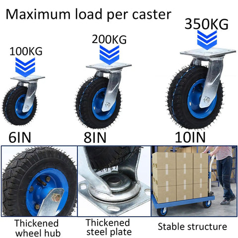 Commercial Grade Heavy Duty Swivel Caster Wheels With Strong Lock Brakes And Silent Pneumatic Air Filled Tires For Rolling Heavy Loads Like A Champ And Quick Install Set Of Two showcasing 6in, 8in, and 10in sizes with maximum load ratings.