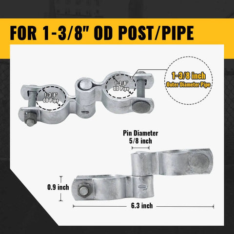One And Three Eighths Inch Chain Link Gate Hinges Kit With Beefy Male And Female Hinges Galvanized Steel Fork Latch Fence Gate Hardware For One And Three Eighths Inch Posts And Frames Built Tough And Easy Install shown with dimensions
