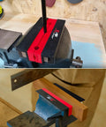 4.5 Inch Soft Vise Jaws With Z Holder, Magnetic TPU Pads installed on bench vises, showing multi-groove textured inserts for secure gripping.