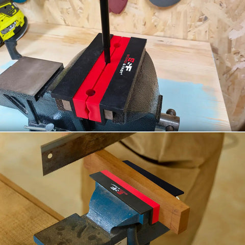 Heavy Duty 6 Inch Vise Jaw Pads With Magnetic Z Holder Anti Slip Soft Jaws Dual Pair Lock Down in use on a workbench vise.