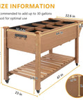 Mobile Raised Garden Bed With Lockable Wheels, Elevated Wood Planter With Storage Shelf And Protective Liner, 55.5 x 24 x 32 Inches, brown, shown with dimensions