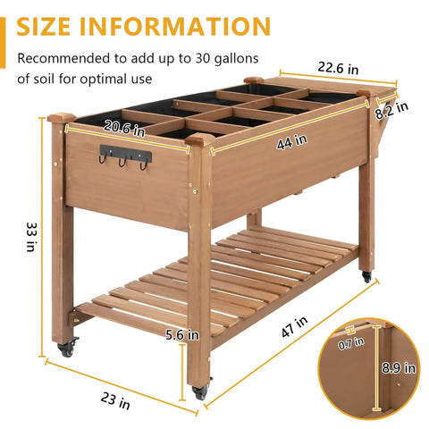 Mobile Raised Garden Bed With Lockable Wheels, Elevated Wood Planter With Storage Shelf And Protective Liner, 55.5 x 24 x 32 Inches, brown, shown with dimensions