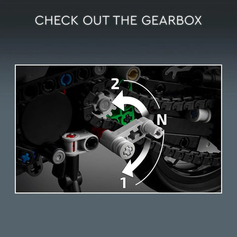 Close-up of the gearbox in the Ninja H2R Inspired Kawasaki Motorcycle Model Kit With Stand For Kids Ages 10 and Up Realistic Detail 1 8 Scale