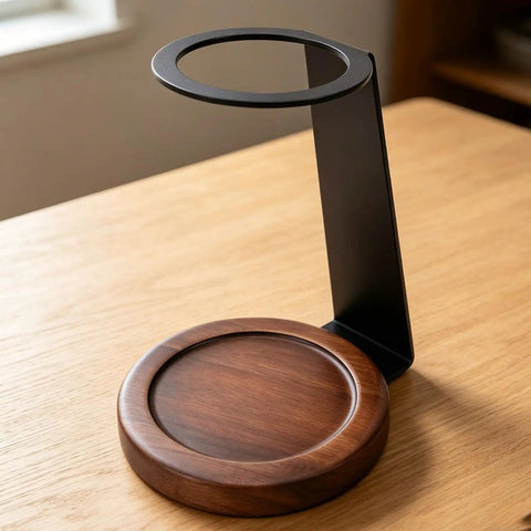 Premium Pour Over Coffee Dripper Stand Built With Heat Proof Aluminum And A Weighted Solid Wood Base on wooden table.