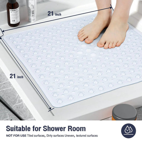 Square Shower Mat And Bathtub Grip Clear Non Slip Tub Floor Cover With Heavy Suction Nubs Locks You Down So You Can Chill Out Stress Free In Any Home Space, 21 x 21 inch, with feet on mat.