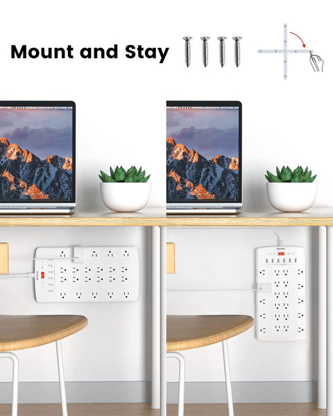 28 In 1 Power Strip With 22 Outlets And 6 USB Ports To Power Gaming Consoles TVs Routers And Chargers mounted under desk