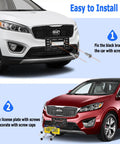 Front License Plate Bracket For Hyundai And Kia 2000 2023 Front Bumper Plate Mounting Kit in use on white and red Kia cars