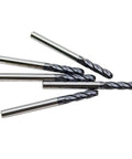 Four Flute Carbide Ball Nose End Mill Set One Eighth Inch Shank One Eighth Inch Cutting Diameter Three Eighths Inch Cutting Length One And A Half Inch Overall Length Five Pieces For Stainless Steel Hardened Steel Alloy And More displayed on white background