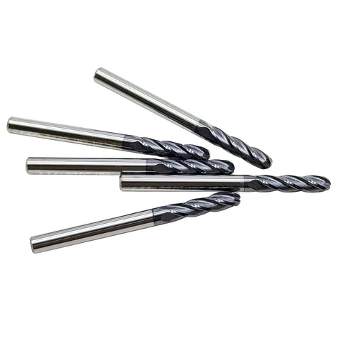 Four Flute Carbide Ball Nose End Mill Set One Eighth Inch Shank One Eighth Inch Cutting Diameter Three Eighths Inch Cutting Length One And A Half Inch Overall Length Five Pieces For Stainless Steel Hardened Steel Alloy And More displayed on white background