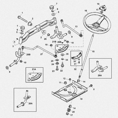 Exploded view of steering sector gear 25 tooth pinion gear repair kit for John Deere L Series L110 L120 L130 lawn tractors.