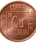 Copper coin featuring the chemical symbol Cu, atomic number 29, and properties like melting point and density.