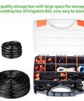 Drip Irrigation Kit 280 Pcs 147 Ft Garden Watering System storage box with tubing and accessories displayed.
