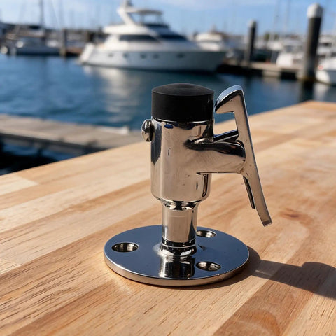 Heavy Duty Marine Grade 316 Stainless Steel Door Holder Catch With Rubber Bumper To Stop Slamming Noise And Keep Your RV Or Yacht Door Securely Locked In Place Without Rusting In Saltwater Conditions on wood.