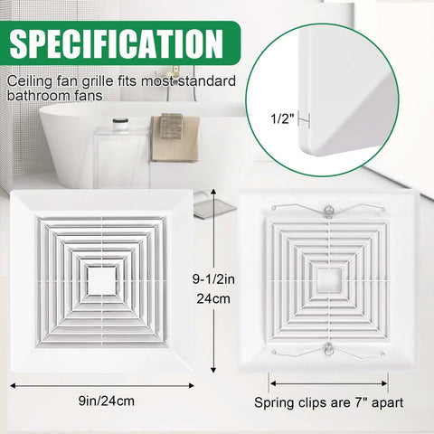 Spring Loaded Bathroom Exhaust Fan Cover For 9x9 Inch Grille Replacement White ABS Diffuser fits 9x9 fans specification view