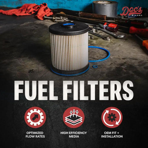 Diesel Fuel Filter DGF429 Replacement for Chevy GMC Duramax with high efficiency media displayed on workbench