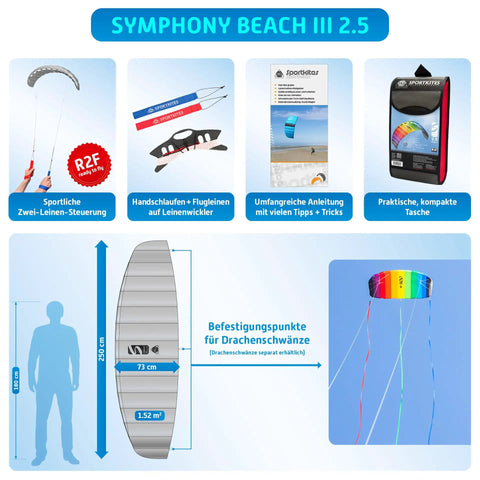 Symphony Beach III 2.5 Stunt Kite Rainbow Dual Line Foil Sport Kite For Beginners And Pros displayed with dimensions and features