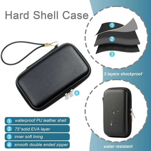 Solid Hard Travel Organizer For Your Slick Tech Stash Waterproof Carry Pouch with zipper and wrist strap, black PU leather, shockproof design.