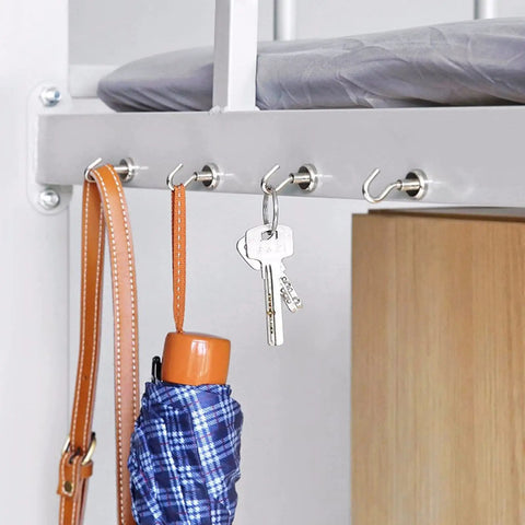 Heavy Duty Magnetic Hooks Set With 85lb Capacity holding umbrella and keys on metal frame.