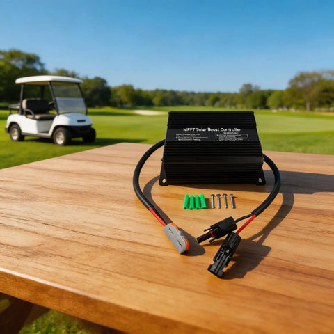 Heavy Duty 1000W Solar Charge Controller Supporting 24V 48V 60V 72V Electric Vehicles With Phosphate Batteries on a wooden table.
