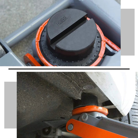 DEDC universal jack stand pad adapter, black round pad with orange ring, close-up view

DEDC universal jack stand pad adapter installed on car pinch weld, orange clamp visible