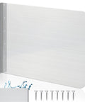 Stainless Steel Sink Splash Guard Wall Mount With Screws 17 By 12 Inch Heavy Duty Rustproof Corner Guard shown with installation screws.