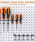 Sixteen Piece Pegboard Hook Set That Fits One Eighth And One Quarter Inch Boards With A Two Prong Grab Design, installed with screwdrivers.