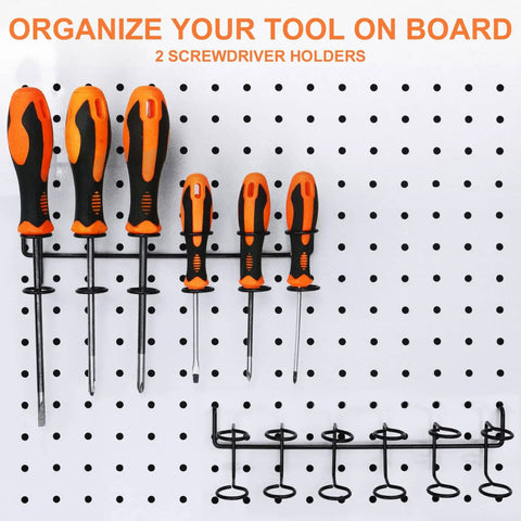 Sixteen Piece Pegboard Hook Set That Fits One Eighth And One Quarter Inch Boards With A Two Prong Grab Design, installed with screwdrivers.