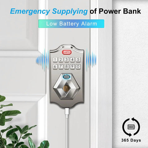 KS2 Fingerprint Keyless Entry Deadbolt With Keypad Smart Lock For Front Door installed, showing keypad and power bank connection.