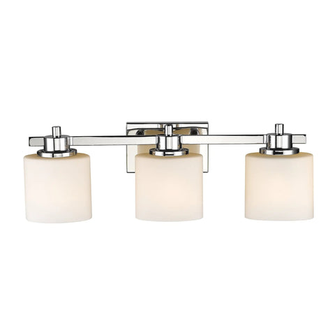 Chrome Vanity Bath Light Fixture With Etched Glass, Three Lights, 24 Inch Wide, Hardwired With Wall Switch, front view