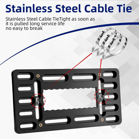 Stainless steel cable ties with black license plate bracket, showing installation detail for No Drill Front License Plate Mounting Kit.