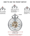 Mechanical Pocket Watch With Magnifier Case And Half Hunter Engraved Silver Chain Skeleton Dial Roman Numerals Classic Vintage Style For Men And Women Jewelry Quality Timepiece For Casual Or Business Wear with usage instructions