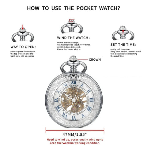 Mechanical Pocket Watch With Magnifier Case And Half Hunter Engraved Silver Chain Skeleton Dial Roman Numerals Classic Vintage Style For Men And Women Jewelry Quality Timepiece For Casual Or Business Wear with usage instructions
