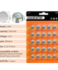Premium AG13 LR44 Batteries 25 Pack 1.5V Alkaline Button Cells in packaging with specifications and compatible models.