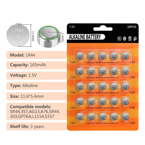Premium AG13 LR44 Batteries 25 Pack 1.5V Alkaline Button Cells in packaging with specifications and compatible models.
