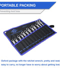 Flex Head Ratcheting Wrench Set 12 Piece Metric 8 To 19 mm Cr-V Combination Wrenches in carrying bag display.