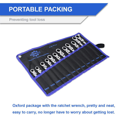 Flex Head Ratcheting Wrench Set 12 Piece Metric 8 To 19 mm Cr-V Combination Wrenches in carrying bag display.