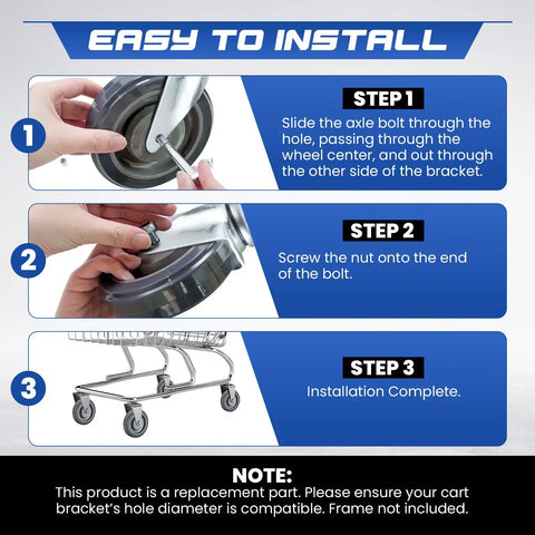Installation steps for Built To Haul Heavy Duty 5 Inch Caster Wheels for Shopping Carts Replacement Set of 4