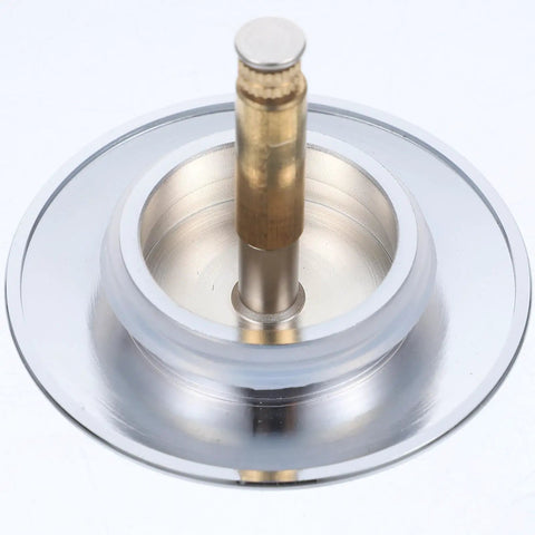 Copper Bathtub Drain Stopper with Rotary One Press Sealing, top view showing brass and silver components.