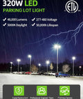 320W LED parking lot lights at night illuminating cars in a lot, showcasing features like 48,000 lumens and 5000K daylight.