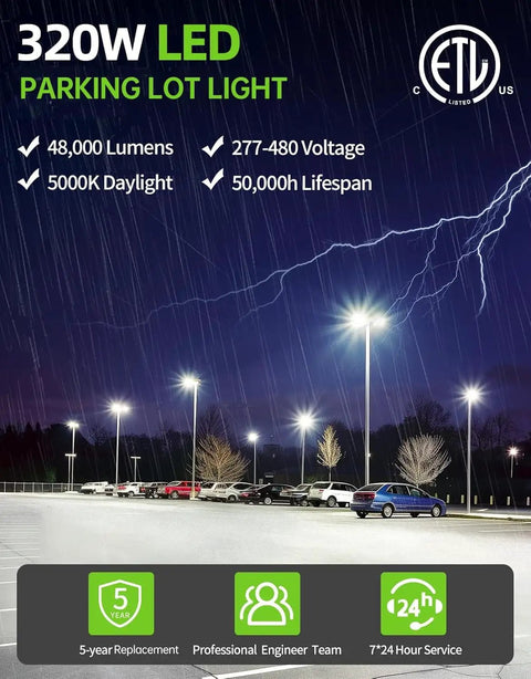 320W LED parking lot lights at night illuminating cars in a lot, showcasing features like 48,000 lumens and 5000K daylight.