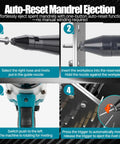 Auto-reset mandrel ejection demonstration of Brushless Cordless Rivet Gun for 2.4 to 4.8mm stainless steel and aluminum rivets.