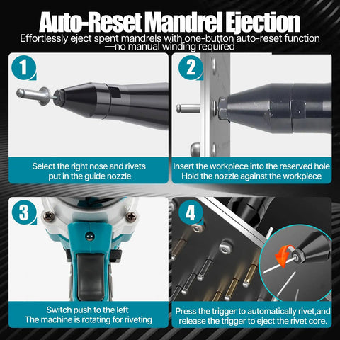 Auto-reset mandrel ejection demonstration of Brushless Cordless Rivet Gun for 2.4 to 4.8mm stainless steel and aluminum rivets.