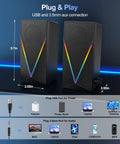 Desktop Computer Speakers With 6 Colorful RGB Lights USB Powered HiFi Stereo 2 Channel Enhanced Bass And Volume Control 3 5mm Aux Headphone Jack For Laptop Monitor PC Tablet And Phone showing front view with dimensions.