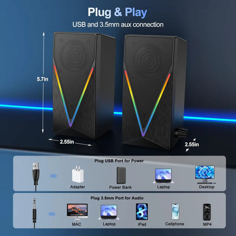 Desktop Computer Speakers With 6 Colorful RGB Lights USB Powered HiFi Stereo 2 Channel Enhanced Bass And Volume Control 3 5mm Aux Headphone Jack For Laptop Monitor PC Tablet And Phone showing front view with dimensions.