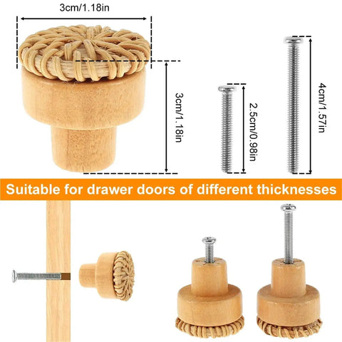 Grab These Snazzy Wooden Rattan Furniture Knobs And Pulls For Your Dresser Or Cabinet, Featuring Easy Single Hole Installation, Stylish Round Weave Design, And Durable Build Ideal For Upgrading Kitchen Cupboards Bedroom Drawers Or Bathroom Storage Units. 3cm wood rattan cabinet knob with 2.5cm and 4cm screws