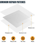 Diagram of aluminum repair patches with fiberglass liner and release liner for 8 Pack Drywall Repair Kit For Large Holes With Six To Eight And Twelve Inch Patch Sets Self Adhesive Mesh Scraper And Sandpaper Heavy Duty Wall And Ceiling Repair Made Easy For Quick Patch Up And A Slick Finish.